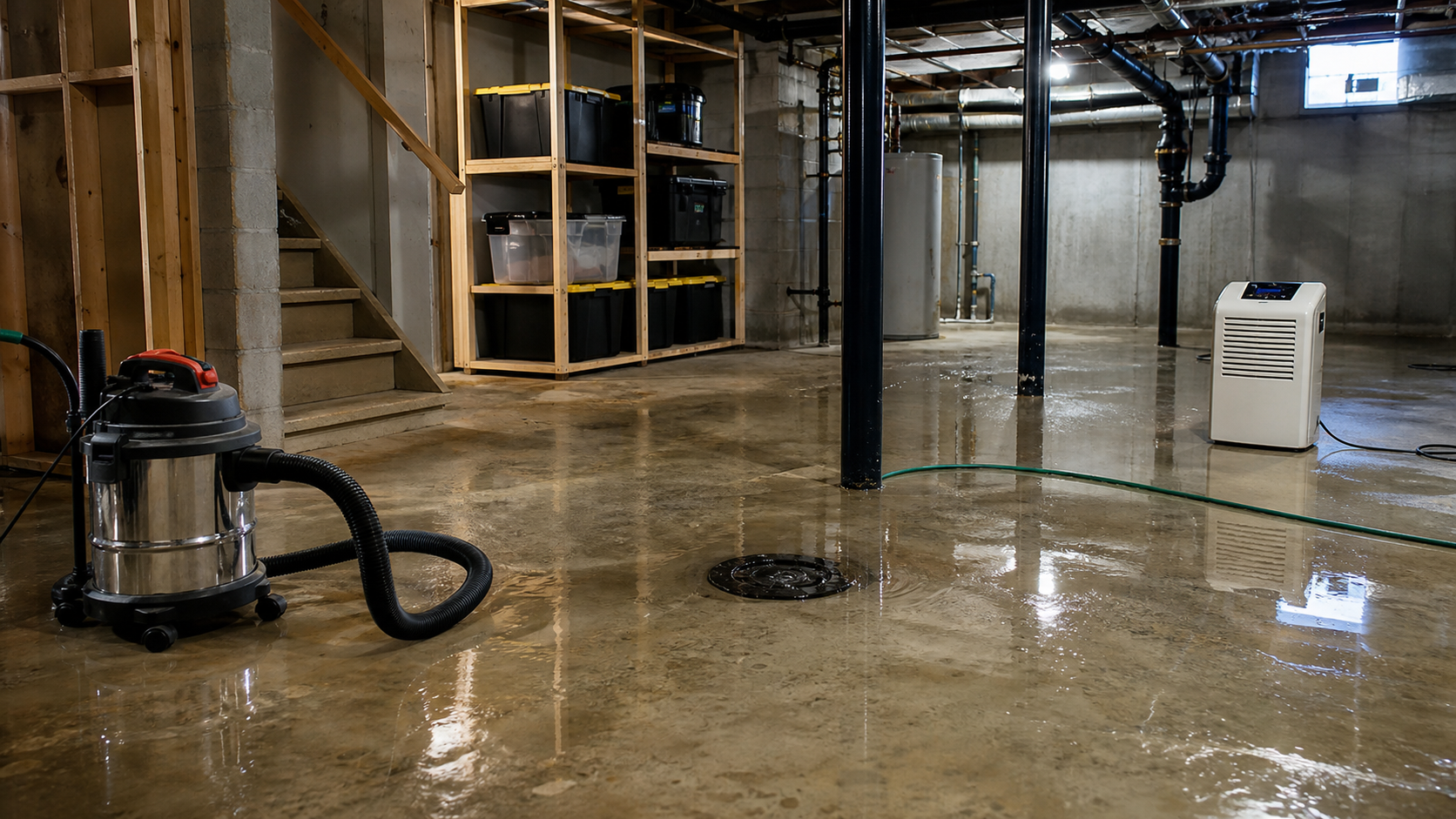 Flooded basement with wet vacuum, dehumidifier, plumbing lines, and standing water