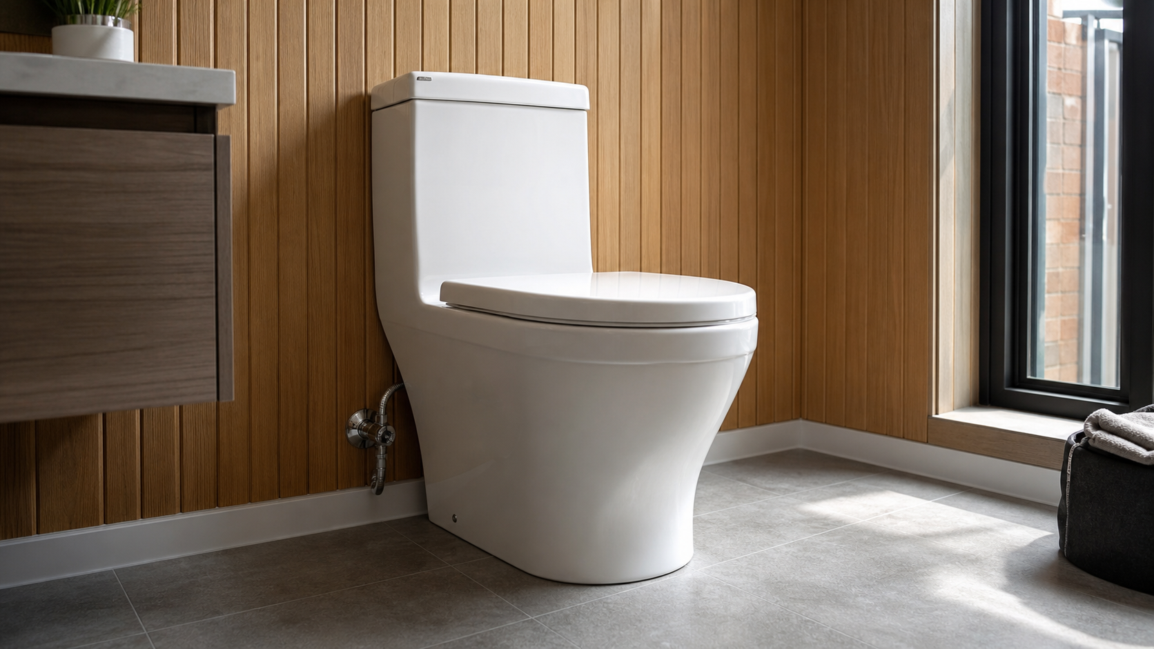 Modern toilet installation with tile flooring and wood wall paneling